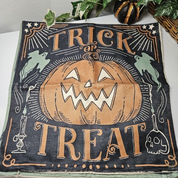 4 Retro Style Halloween Linen Pillow Covers 18x18 Cat Pumpkin Skeleton Bat Decor - Picture 13 of 16